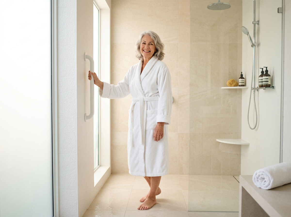 Vrouw staat veilig bij de douche met een wandgreep