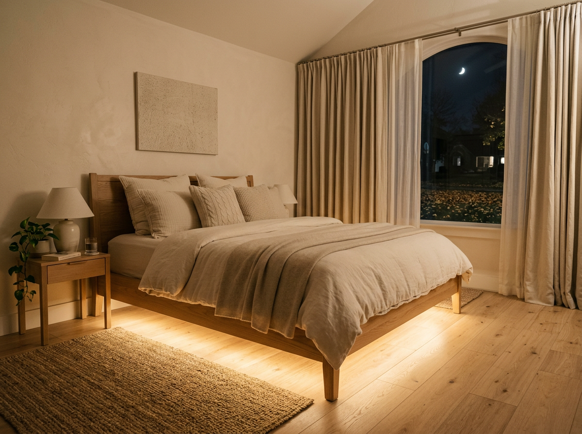 Slaapkamer met zacht nachtlicht onder het bed