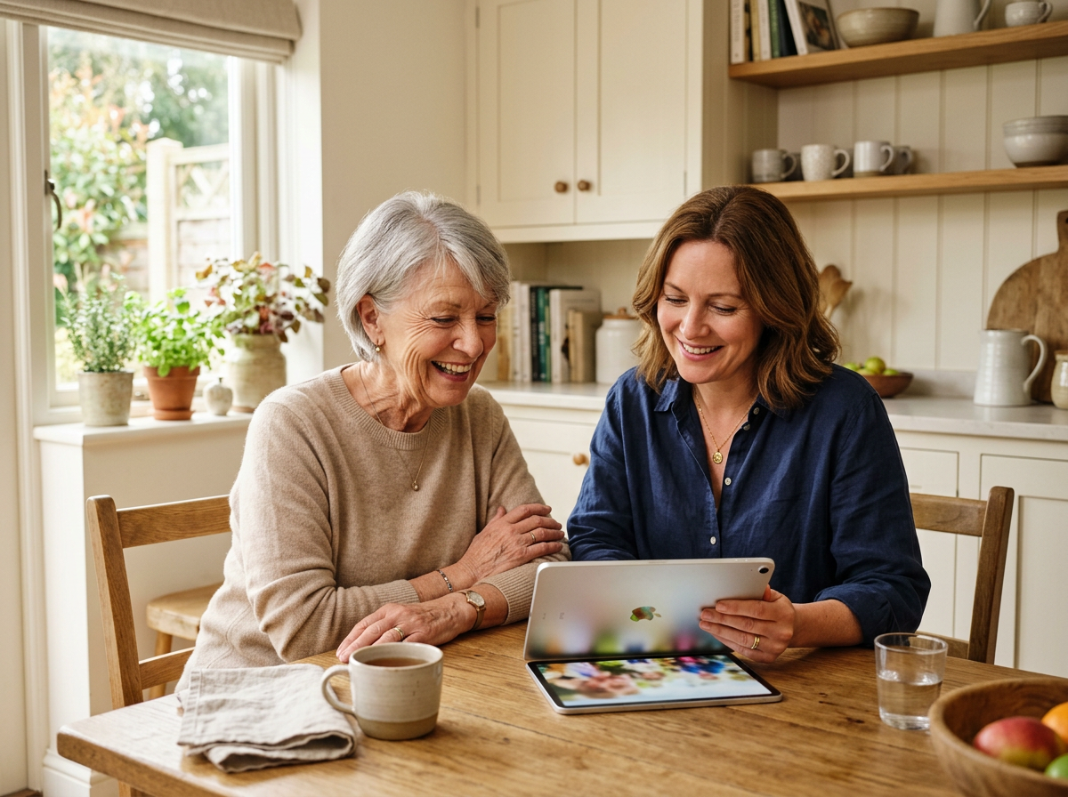 Moeder en dochter kijken samen op een tablet