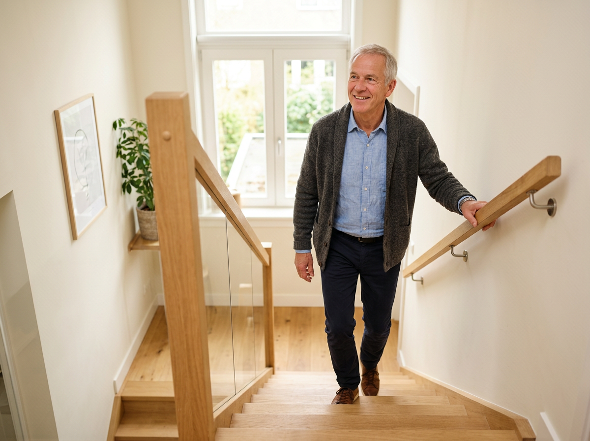 Man loopt veilig de trap op met een leuning